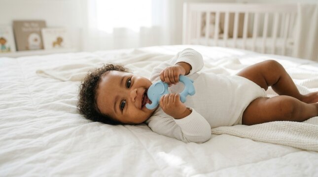 Adorable little Black baby lying on a white bed holding a light blue teether.