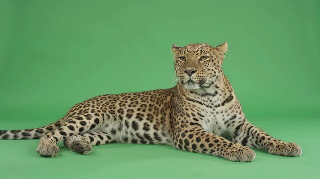 An adult leopard lies gracefully on a green chroma key background and looks around. A majestic wild predator with spotted fur ideal for video editing and keying.
