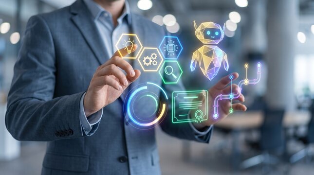 AI corporate education and digital learning platform training strategy, executive interacting with virtual mentor bot and hexagonal skill development icons for workforce upskilling in modern office.