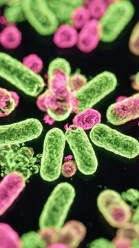 Microscopic Visualization of Bacterial Cells Displaying Vibrant Green and Pink Coloration, Showcasing Their Unique Shapes and Arrangement in a Rich Microbial Environment