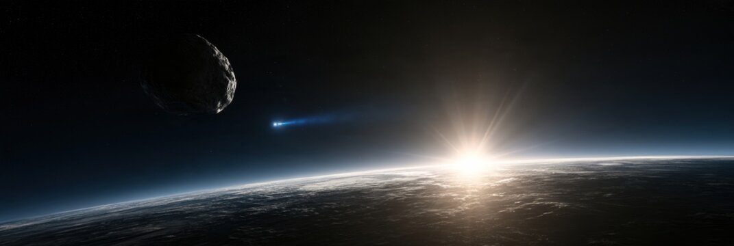 A spacecraft is moving a small asteroid towards lunar orbit for mining. Bright ion propulsion is visible in the dark expanse of space.