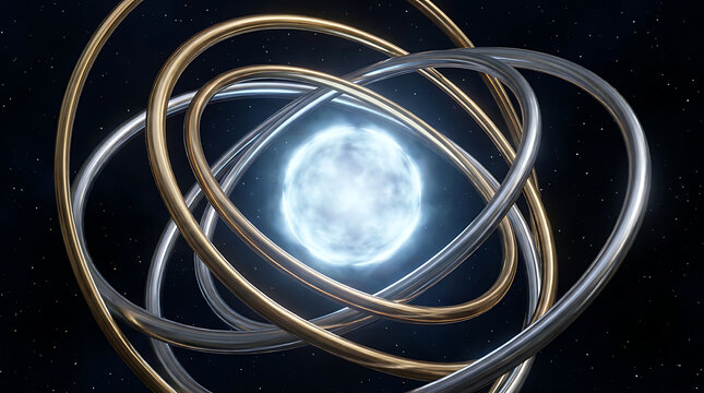Gold and silver rings orbiting glowing core among stars