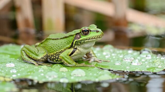 Green frog sitting on lily pad in a natural pond surrounded by water droplets