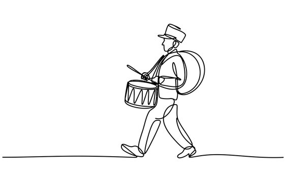 Continuous single line drawing of a marching band drummer playing a drum