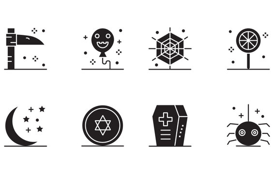 Halloween vector icons set, black glyph spooky symbol collection, scythe coffin spider crescent moon web elements for autumn design