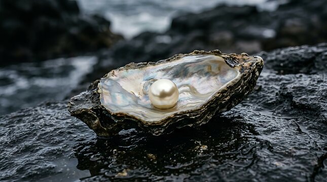 White pearl inside open oyster shell resting on wet black coastal rocks