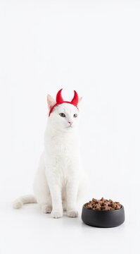 Cat in devil horns near black bowl on white background. Concept of playful Halloween representation with whimsical pet attire and minimalist style in bright studio lighting.