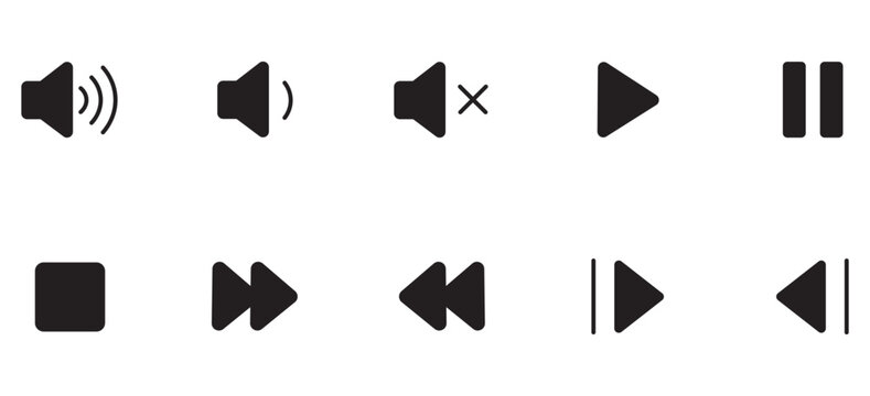 Minimalist media player icons set, black media control buttons vector, audio and video player UI symbols