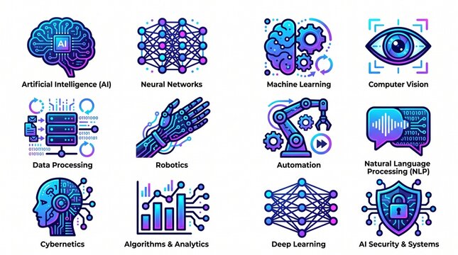 Futuristic artificial intelligence icon collection featuring neural networks, machine learning, computer vision, data processing, robotics, and automation symbols, bold vector design.