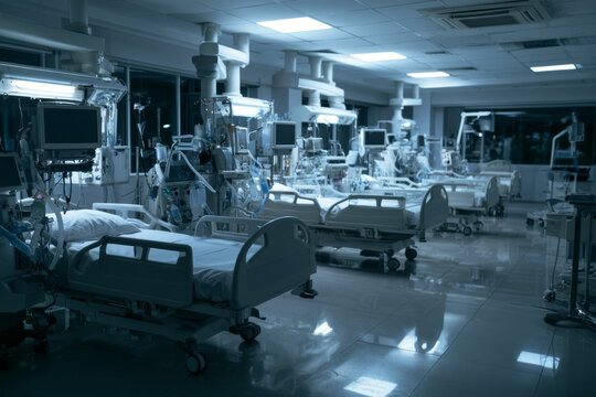Empty hospital ward at night with several beds and medical equipment in quiet setting