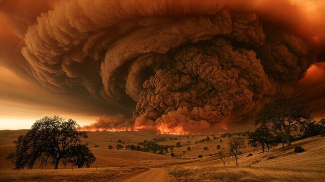 Massive wildfire smoke rising from distant rolling hills landscape