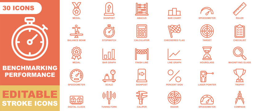Benchmarking performance icon sheet featuring thirty line symbols related to business and measurement