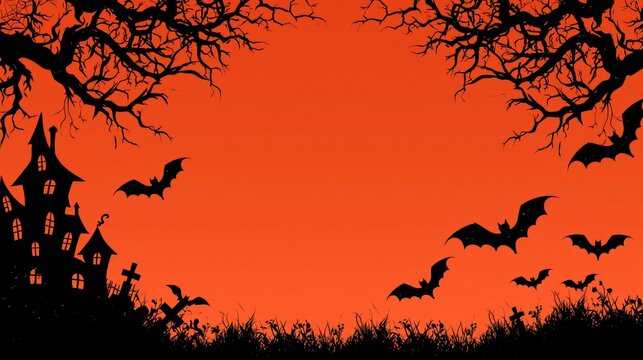 Halloween Background with Spooky Haunted House Bat Silhouettes and Gnarled Trees