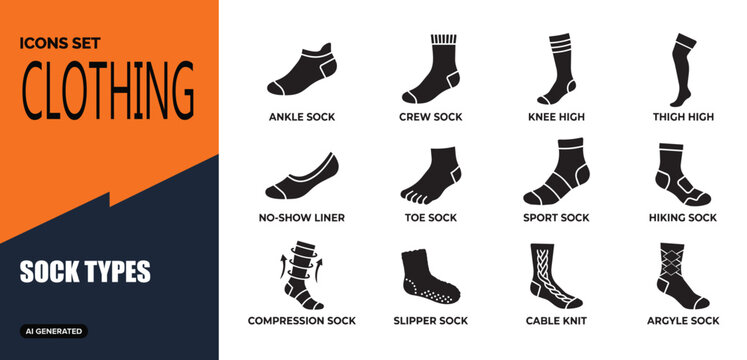 Sock Types solid icon set. Featuring ankle sock, crew sock, knee high, and compression sock. Vector icons for clothing retailers and fashion e-commerce platforms