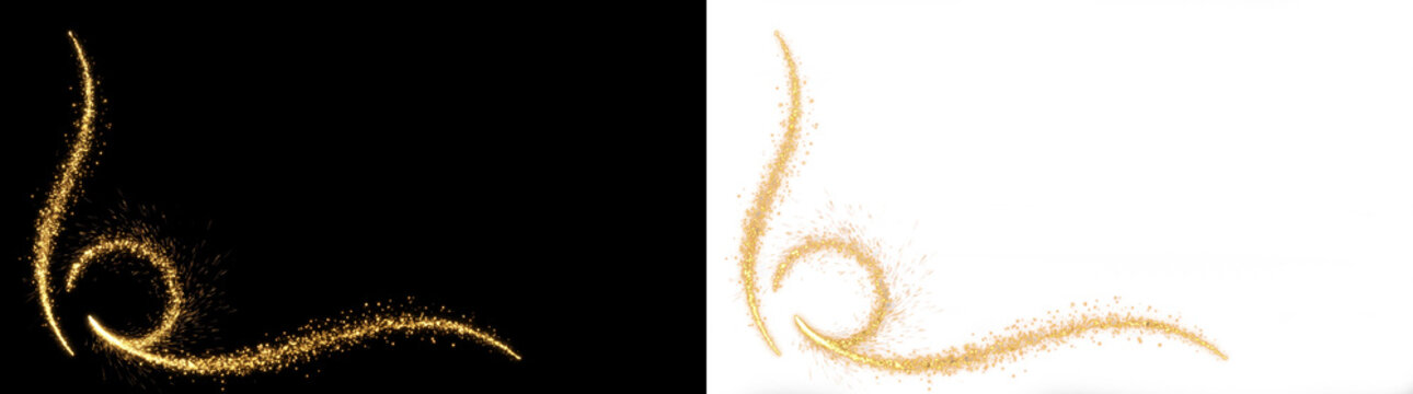 Luxury golden glitter corner frame border, elegant sparkly swirl flourish ornament, decorative gold dust swirl for invitation graphic design