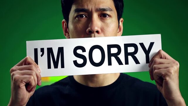 Man Holding Sorry Sign Facing Camera in Studio with Green Background for Apology Concept