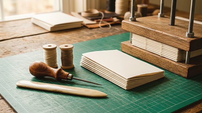 Traditional bookbinding tools on a green cutting mat in a workshop