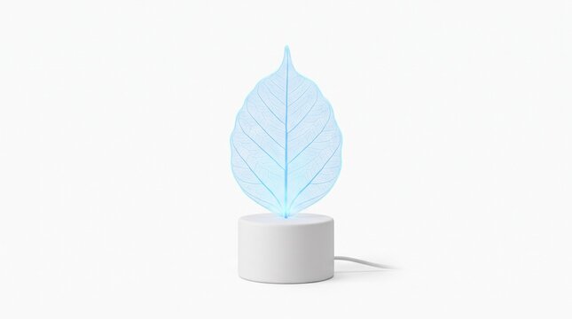 Minimalist blue leaf shape desk lamp glowing on white background