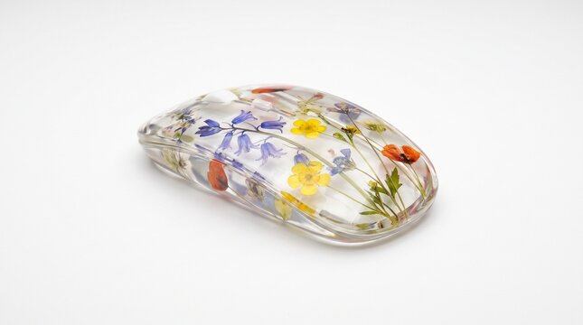 Clear resin computer mouse with pressed wildflowers on white
