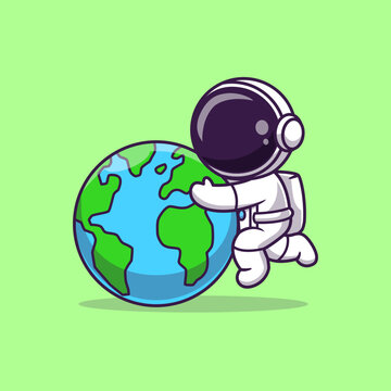 Cute Astronaut Holding Earth World Globe Cartoon