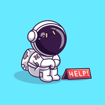 Cute Astronaut Homeless Ask For Help Cartoon 