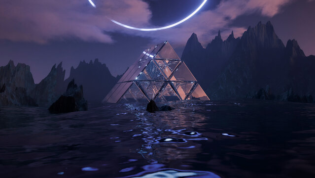 Futuristic glass pyramid in dark water on an alien planet with mountains and neon ring light