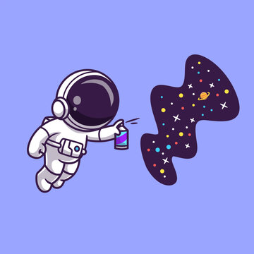Cute Astronaut Playing Spray Space Cartoon