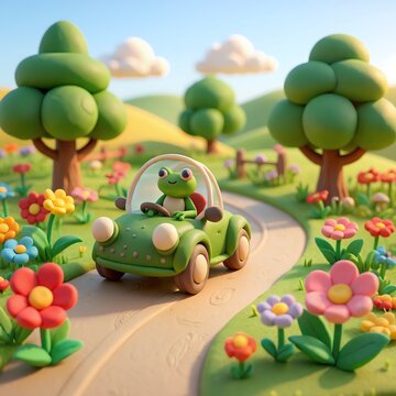 tiny frog-shaped clay car driver