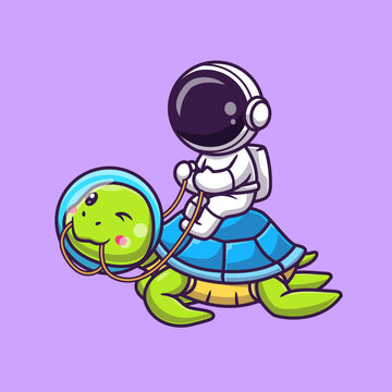 Cute Astronaut Riding Turtle Cartoon