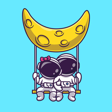 Cute Astronaut Couple Swing On Moon Cartoon