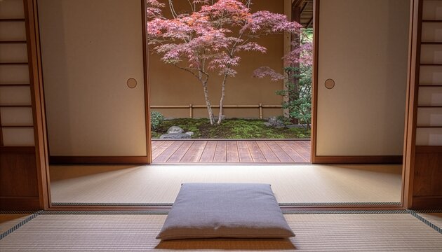 Red Maple Garden Seen from Tatami Room Through Open Sliding Doors