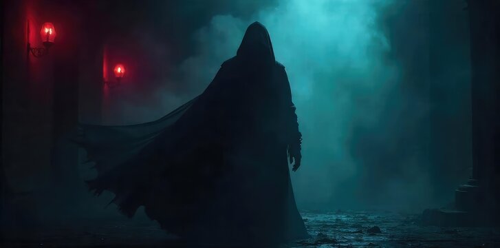 A shadowy figure shrouded in darkness, their intentions unclear, exuding an aura of malevolence and deceit  The image suggests hidden agendas and moral ambiguity ,  suspense,  night,  dread
