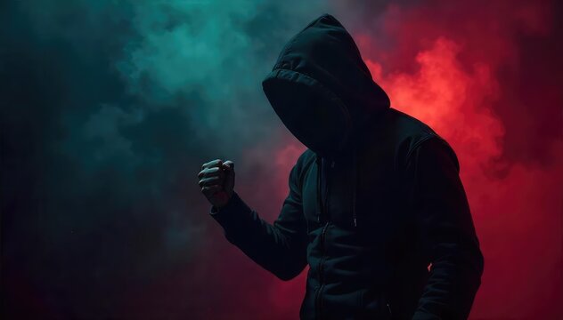 A shadowy figure, shrouded in darkness, clenches a fist, radiating barely contained fury; an unsettling enigma of simmering rage , unknown, frustration, night