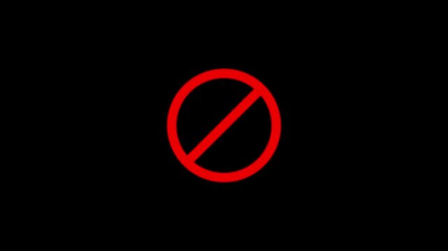 Red prohibited sign animation on black background, warning symbol motion forbidden no entry stop