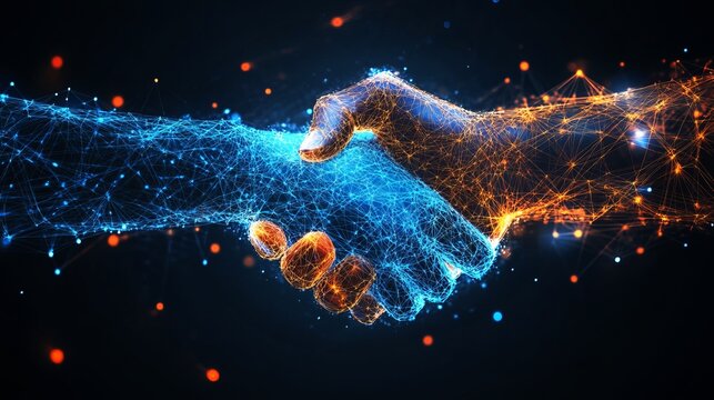 Futuristic digital handshake connecting blue and orange glowing wireframe hands in a stunning cyberpunk cyberspace simulation landscape rendering