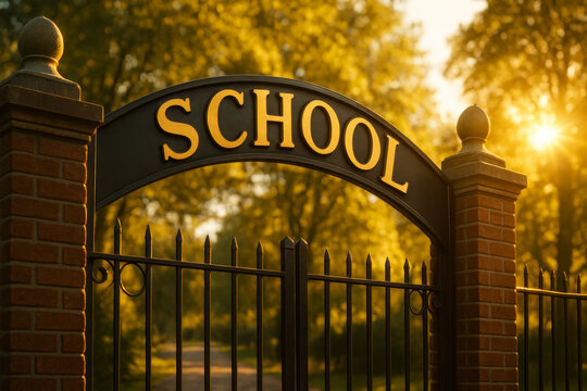 Arched school sign between brick pillars above iron gates