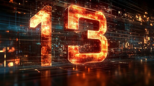 Glowing 3d number thirteen representation on an abstract digital background with neon golden lights.