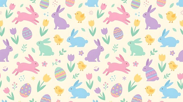 Easter seamless pattern with colorful bunnies eggs chicks and spring flowers