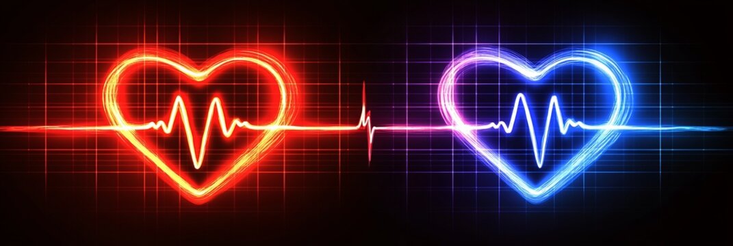 Abstract illustration of glowing red and blue health heart symbols with ekg lines on a dark grid