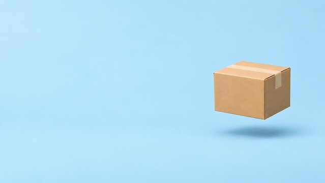 Floating cardboard shipping box on blue background with shadow and large copy space