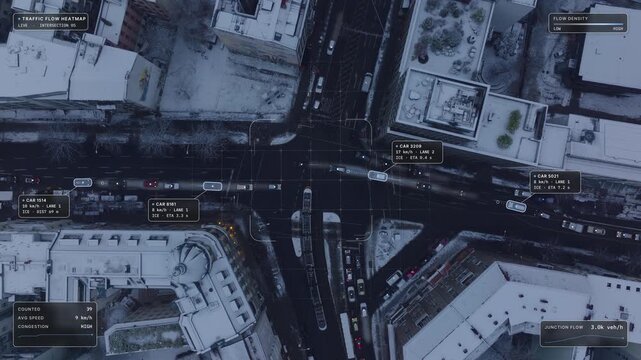 Top down aerial view of Berlin: intersection with tram and snowy rooftops at winter dusk with traffic flow heatmap overlay, pale glowing density trails and flow density scale. Concept of urban data