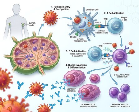 Medical illustration of the adaptive immune response process including antigen presentation, lymphocyte activation, and antibody secretion