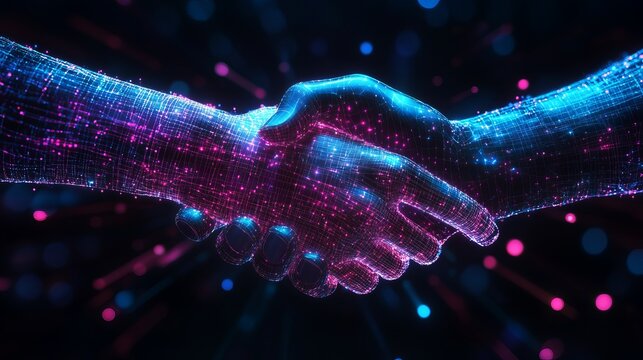 Futuristic digital handshake between two glowing wireframe hands symbolizing global business partnership and advanced technology networking