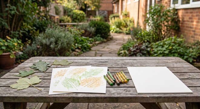 Leaves and leaf rubbing papers with crayons on a garden table