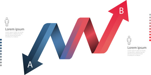 A professional infographic design featuring a gradient zigzag arrow connecting two points, A and B, with placeholder text areas and human icons. © Nur Creative Studio