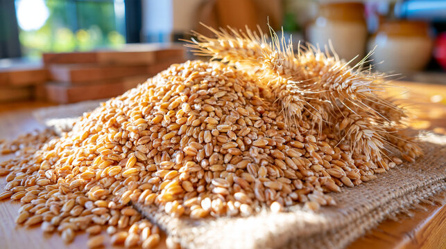 Fresh wheat kernels forming a natural pile on rough burlap fabric in a cozy farmhouse kitchen, loose grains scattered around the edges, rustic wooden boards and handmade pottery visible in the backg