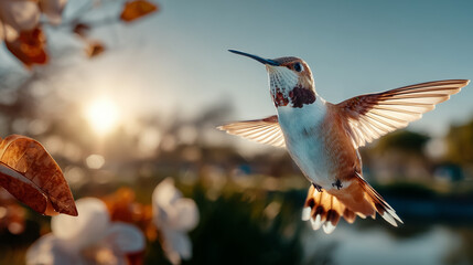 Fototapeta premium Hummingbird hovering with spread wings beside orange garden leaves