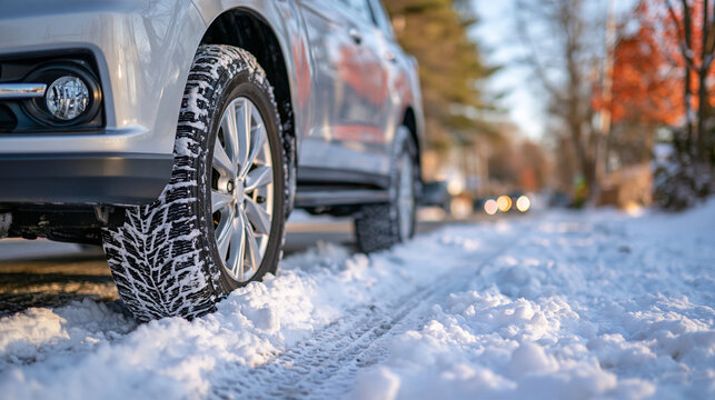 Low-angle close-up of car tires navigating a snow-covered road during winter, deep winter tread patterns clearly visible as the wheels compress fresh snow, subtle tire tracks behind the vehicle, col