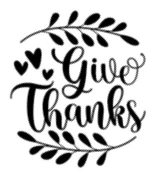 Give thanks lettering design with halftone pattern leaves and decorative hearts transparent background
