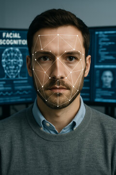 Facial recognition mesh maps man facing blue computer monitors